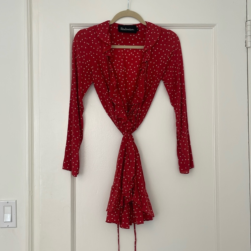 Réalisation red silk dress with star print, XS
